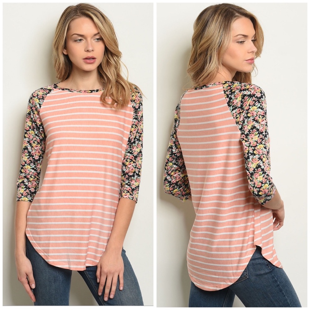 Peach Striped Floral Top